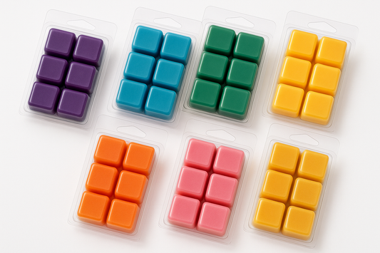 packs of six wax melts in clear mold container various colors